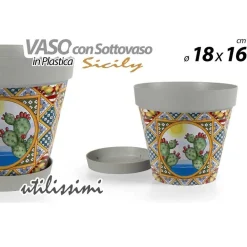 VASO CON SOTTOVASO IN PLASTICA SICILY 18X16 CM PORTA PIANTE CASA GIARDINO 845314