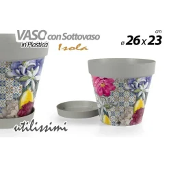 VASO GIARDINO CON SOTTOVASO IN PLASTICA DECORO ISOLA 26X23CM PIANTE FIORI 845376