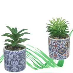 VASO IN CERAMICA CON PIANTINA ARTIFICIALE 15CM PIANTA IDEA REGALO BOMBONIERA BLU