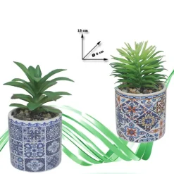 VASO IN CERAMICA CON PIANTINA ARTIFICIALE 15CM PIANTA IDEA REGALO BOMBONIERA BLU