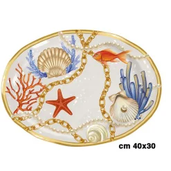 VASSOIO CENTROTAVOLA OVALE CON CONCHIGLIE E CORALLI IN STILE MARINO 40X30 CM