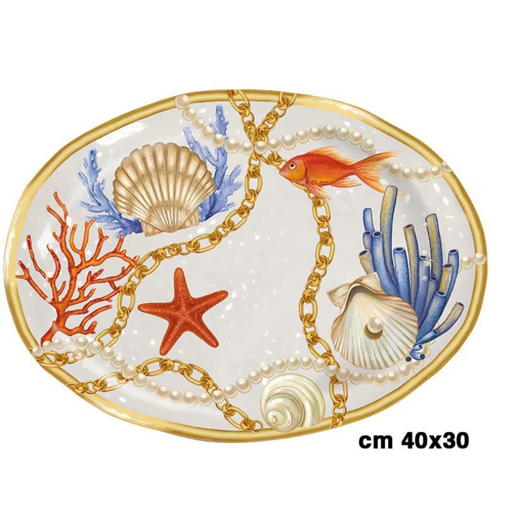 VASSOIO CENTROTAVOLA OVALE CON CONCHIGLIE E CORALLI IN STILE MARINO 40X30 CM