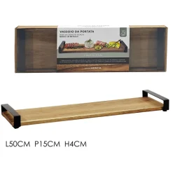 VASSOIO DA PORTATA RETTANGOLARE BASE IN LEGNO CON MANICI IN METALLO ARREDO TAVOLA CUCINA