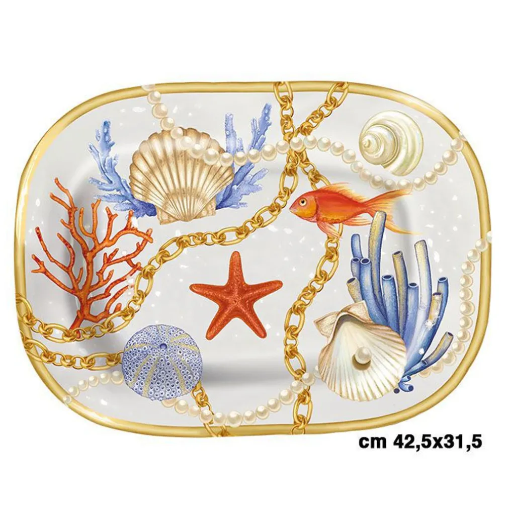VASSOIO RETTANGOLARE CON CONCHIGLIE CORALLI STILE MARINO SVUOTATASCHE 42*31 CM