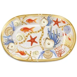 VASSOIO RETTANGOLARE CON CONCHIGLIE CORALLI STILE MARINO SVUOTATASCHE 48x33 CM