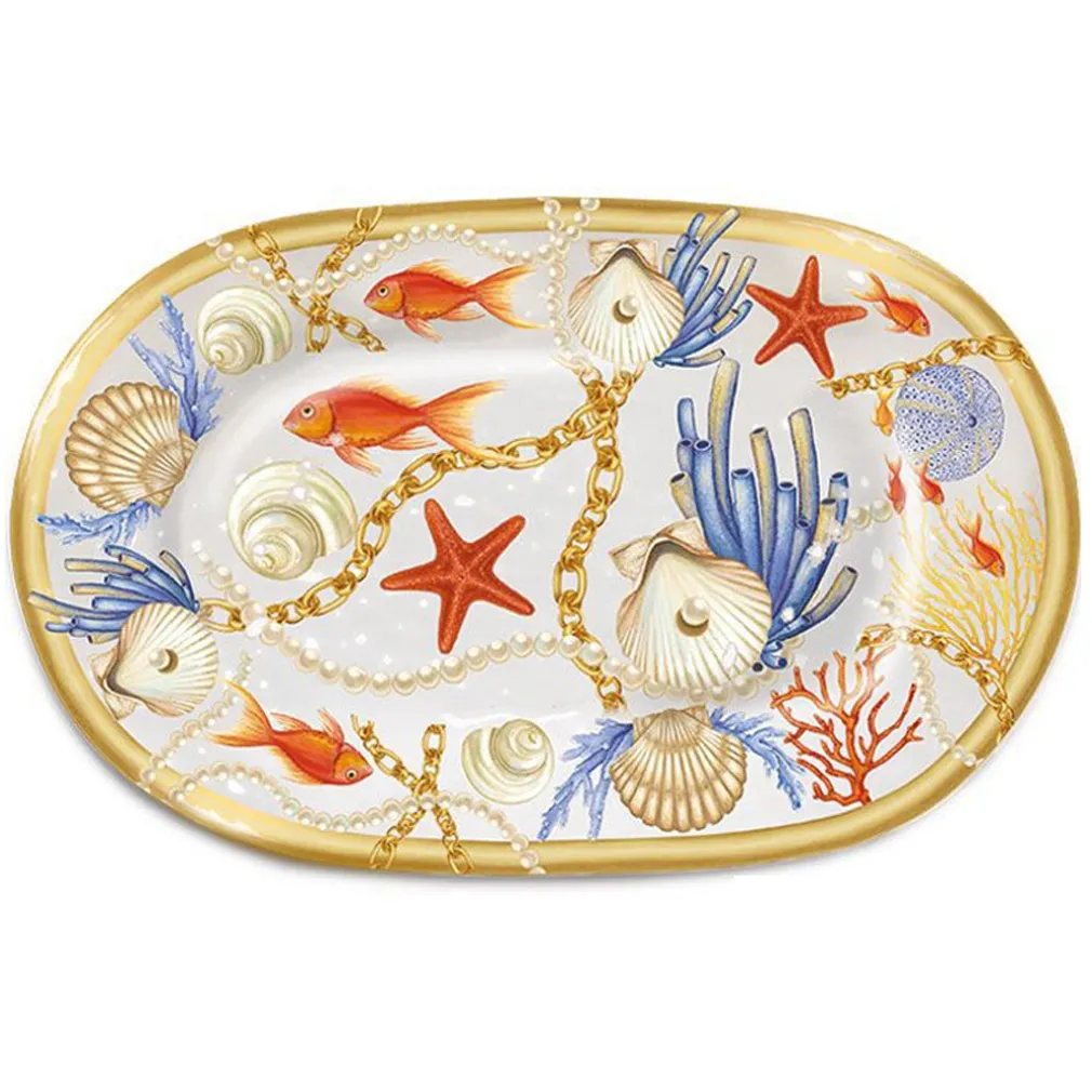 VASSOIO RETTANGOLARE CON CONCHIGLIE CORALLI STILE MARINO SVUOTATASCHE 48x33 CM