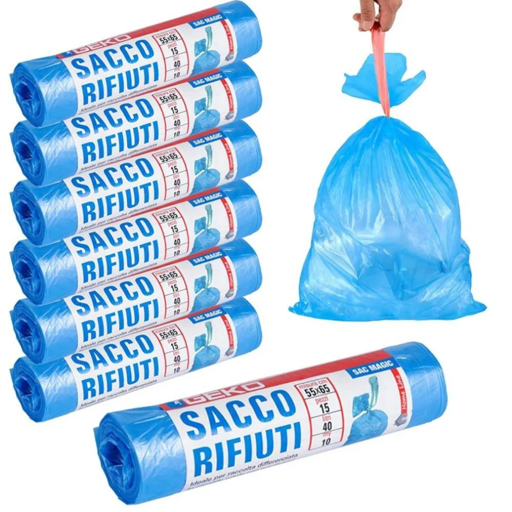 7X ROTOLI SACCHETTI BUSTE SPAZZATURA 40LT 55X65 CHIUSURA LACCETTO AZZURRO 105PZ
