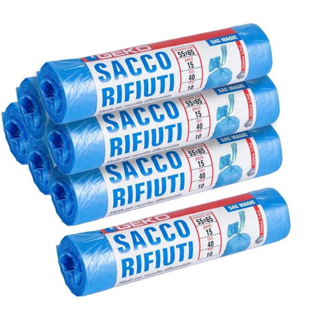 7X ROTOLI SACCHETTI BUSTE SPAZZATURA 40LT 55X65 CHIUSURA LACCETTO AZZURRO 105PZ